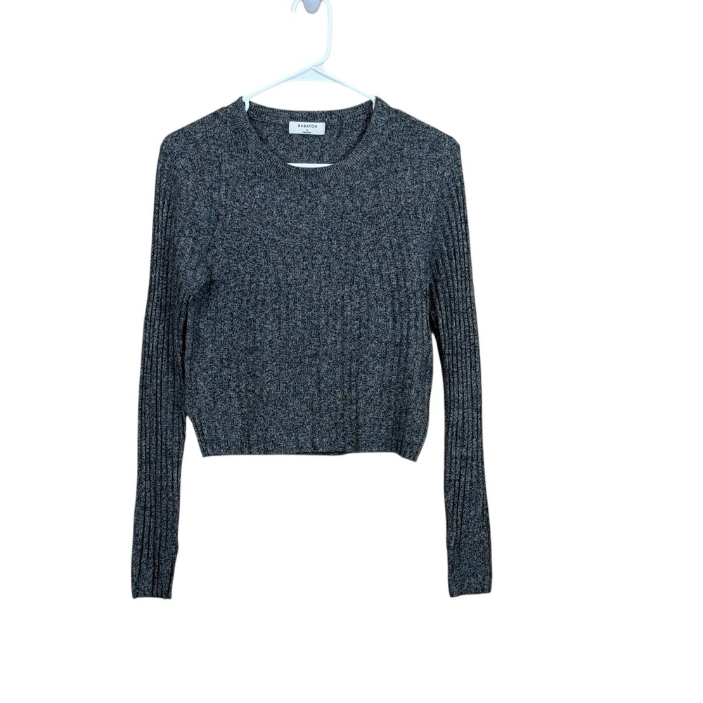Aritzia Babaton Black Gray Ribbed Wool Linen Blend Cropped‎ Sweater Sz Small